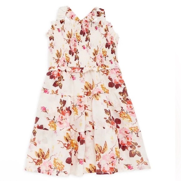 Sea New York Esme Smocked Linen Blend Floral Dress In Cream Size 8 - Picture 1 of 13